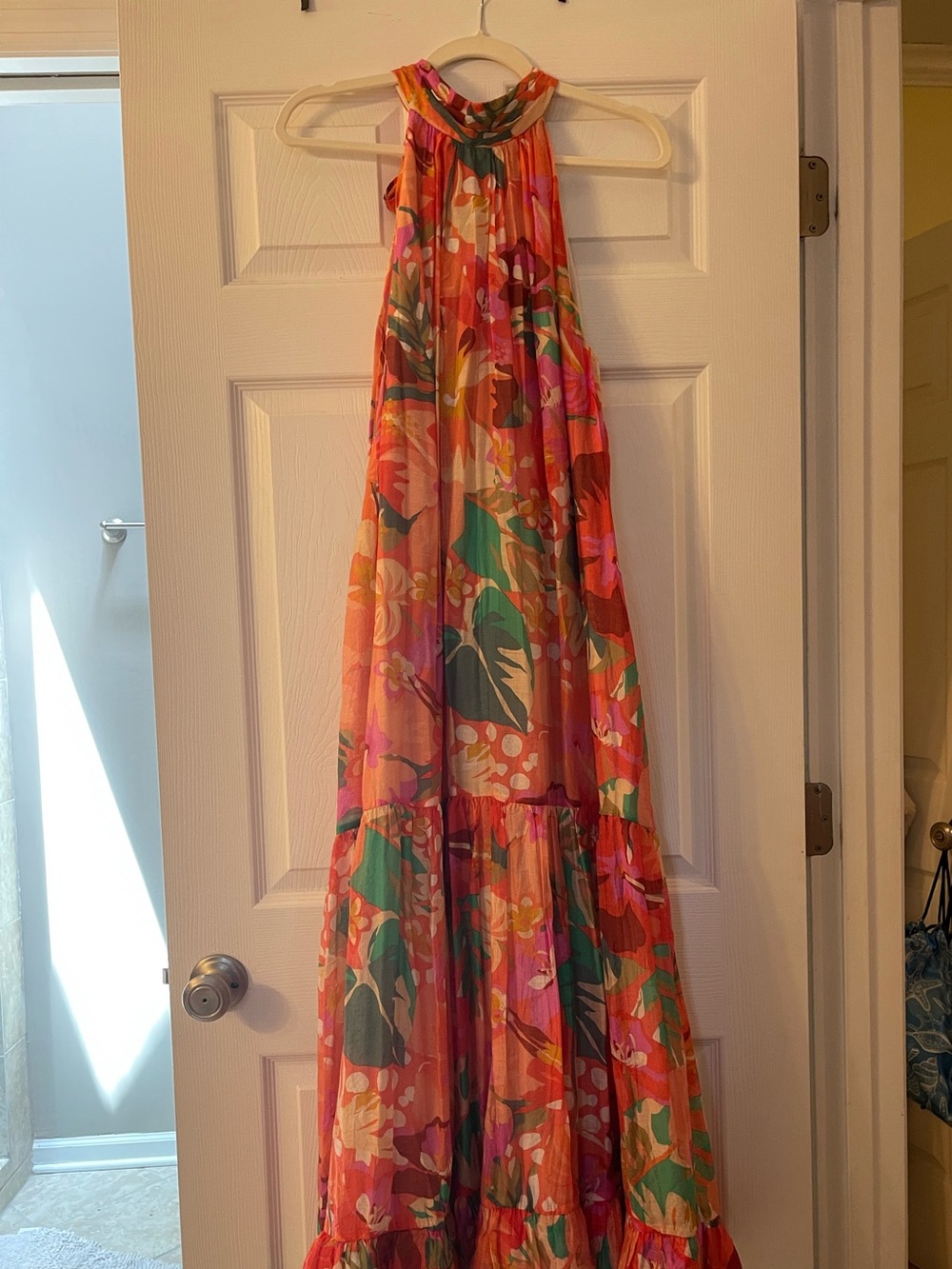 MSK Floral Halter Tie Maxi Dress in Coral, Pink, Green